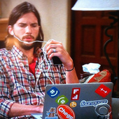 Check out @aplusk showing some @foursquare & @GroupMe laptop-sticker love on Two & a Half Men